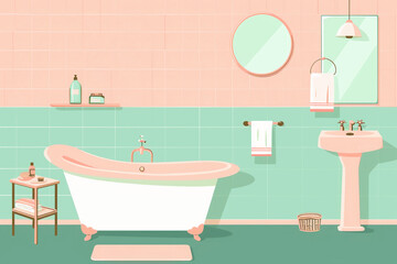 Fototapeta na wymiar a vintage poster of a bathroom, pastel colors, flat design, plain background