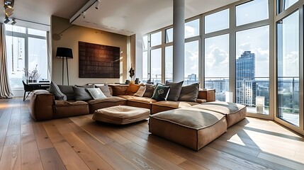 Elegant and comfortable designed living room with big corner sofa wooden floor and big windows