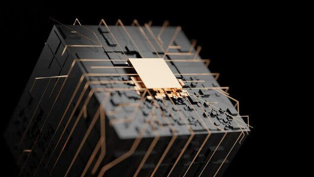 3D animation of processor connection. Abstract sci-fi CPU connect animation. Chip circuits visualization.