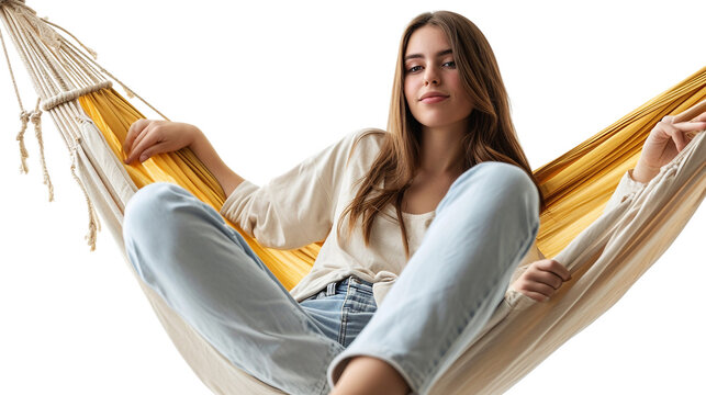 Striking Image of an Attractive Woman Sitting on hammock on a transparent background