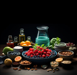 Vegetarian and Vegan Lifestyle: A diverse array of plant-based foods on black background with copy space
