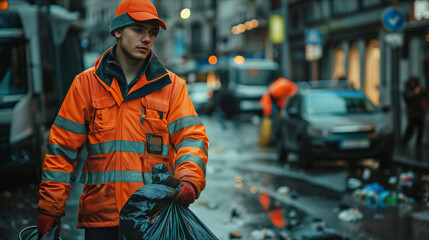 Caucasian male garbage worker carrying garbage bags in the city.
