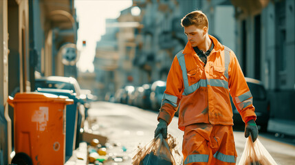 Naklejka premium Caucasian male garbage worker carrying garbage bags in the city.