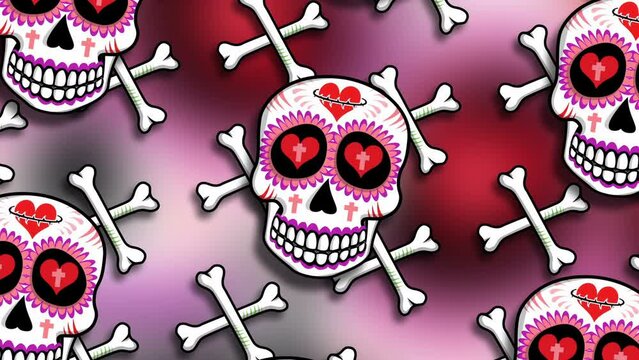 Seamless cartoon background with Mexican sugar skulls. Halloween vector style animation with catrina illustration 