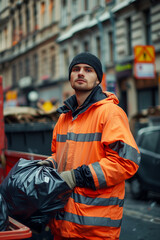 Obraz premium Caucasian male garbage worker carrying garbage bags in the city.