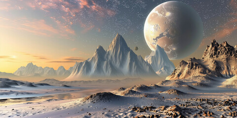 Alien planet fantasy landscape space background. Sci-fi horizontal poster. Science fiction digital raster bitmap illustration. Horizontal format wallpaper. AI artwork. - obrazy, fototapety, plakaty