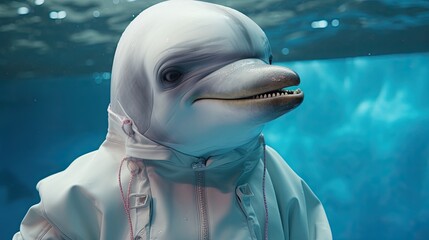 A dolphin who creates his own line of underwater clothing