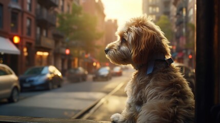 A dog sitting by the window and lovingly watching what is happening on the street - obrazy, fototapety, plakaty