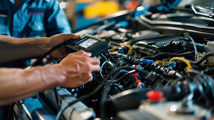 Two mechanics are repairing a car engine in a garage