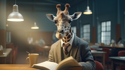 A giraffe studying acting at a drama school
