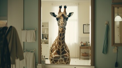 A giraffe standing in front of a mirror and combing its hair