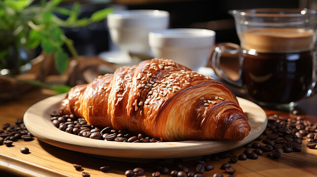 Croissant and cup of coffee on the table in moderm kitchen, window on background.