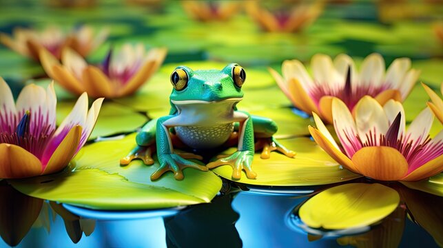 A frog having a photo shoot on water lilies