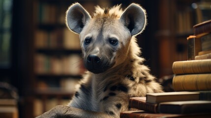 A hyena sitting in a library  immersed in reading classical literature