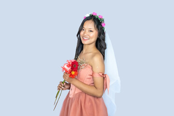 Beautiful Bride Bridesmaid in a dress giving romantic gestures and expressions