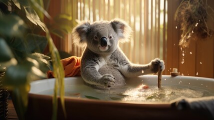 A koala having a spa day with bamboo staffs