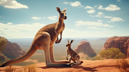 A kangaroo teaching its cub to jump and explore the world around it - obrazy, fototapety, plakaty