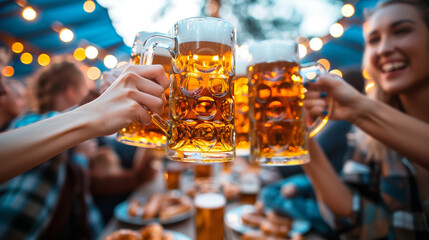 A joyful group of friends toasting with large beer mugs at an evening Oktoberfest celebration. - obrazy, fototapety, plakaty