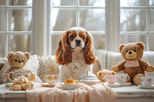A Dog in a Whimsical Interior with Teddy Bears and Teacups