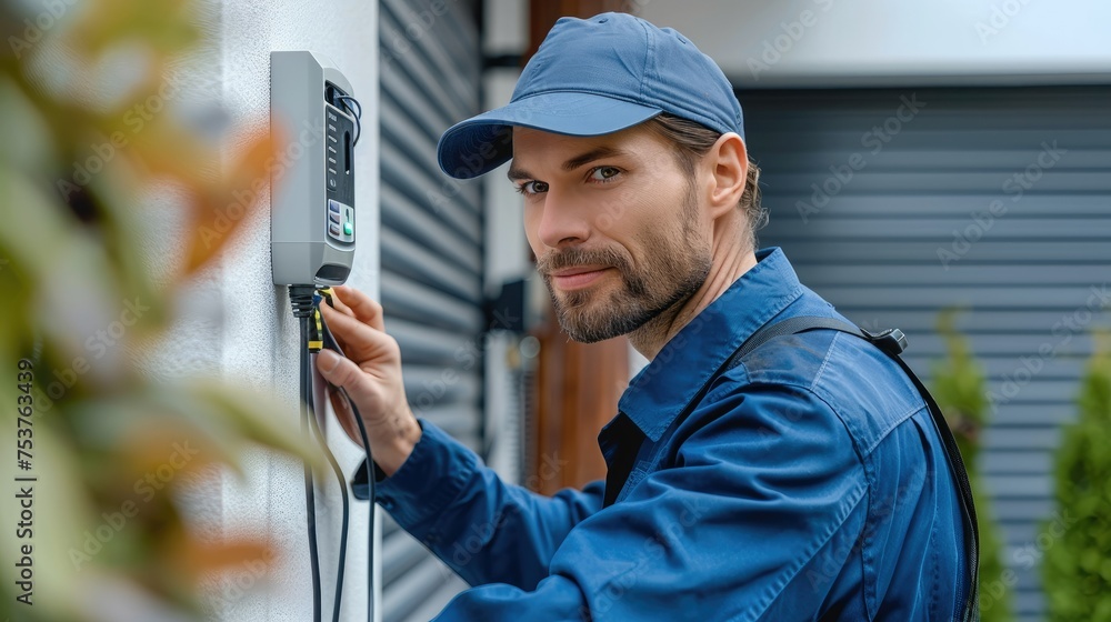 Poster A security specialist installing and configuring alarm systems to protect homes and businesses. Generative AI.