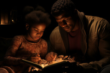 African American father reading bedtime story to baby, parent sharing love through storytelling - obrazy, fototapety, plakaty