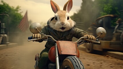 A rabbit racing a motorcycle