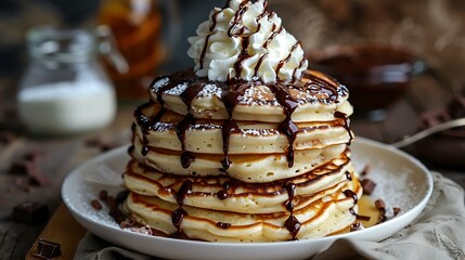 A stack of fluffy pancakes topped with whipped cream and drizzled with chocolate sauce