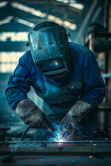 Male worker in uniform welding iron in factory.