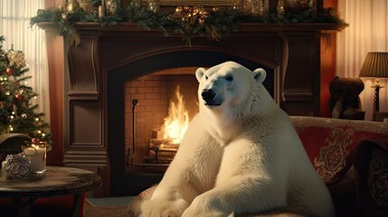 A polar bear standing in front of a fireplace and writing his memoirs - obrazy, fototapety, plakaty