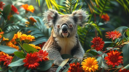 a close up of a koala sitting on a tree branch surrounded by flowers and greenery with trees in the background.