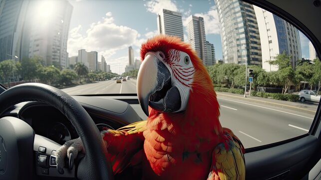 A parrot sitting behind the wheel and driving a car along the city streets