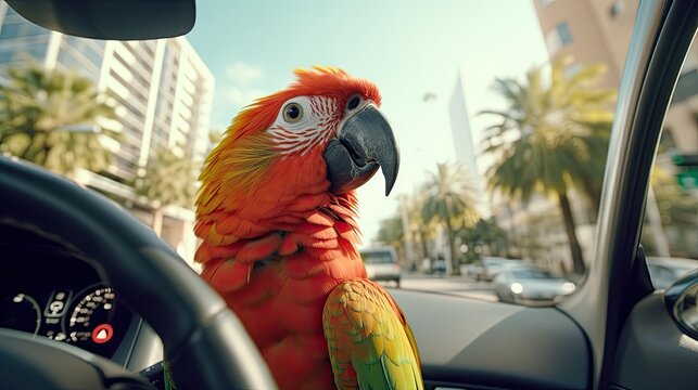 A parrot sitting behind the wheel and driving a car along the city streets