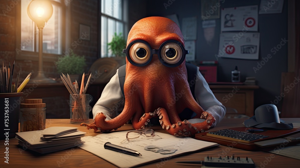 Poster an octopus sitting at a table and solving complex mathematical problems