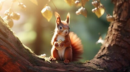 A squirrel sitting on a tree branch creating his own line of jewelry - obrazy, fototapety, plakaty