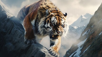 A tiger participating in a high mountain climbing competition