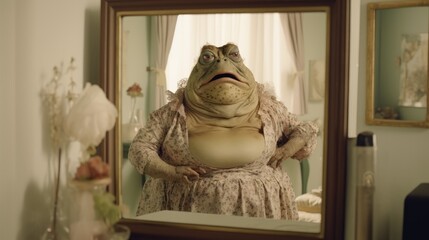 A toad standing in front of a mirror and applying makeup