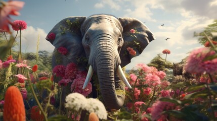 An elephant creating his own flower garden