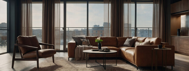 Comfortable apartment interior with earth-tone elements, providing a cozy and stylish design concept.