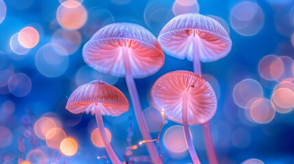  a group of pink mushrooms sitting on top of a lush green field next to a blue boke of light.