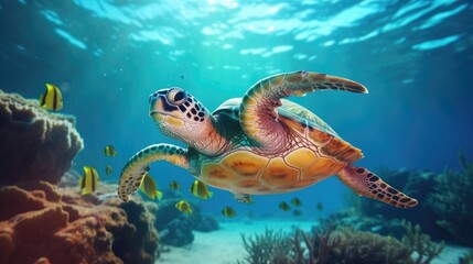 Turtle swimming in the ocean and taking underwater photos