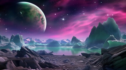 Naklejka na ściany i meble Alien planet fantasy landscape space background. Sci-fi horizontal poster. Science fiction digital raster bitmap illustration. Horizontal format wallpaper. AI artwork.