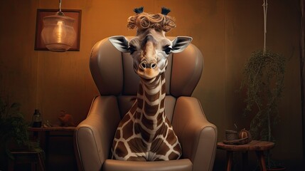 A giraffe sitting on a small chair and braiding hair with its long tongue - obrazy, fototapety, plakaty