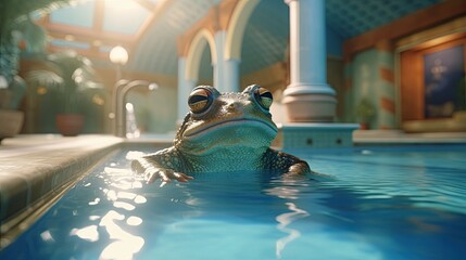 A frog spending the day at the spa enjoying the water treatments - obrazy, fototapety, plakaty
