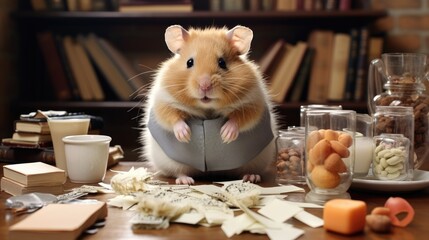 A hamster sitting at a table and solving complex mathematical problems