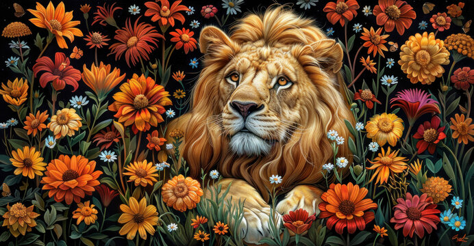 a painting of a lion laying down in a field of wildflowers and daisies with a black background.