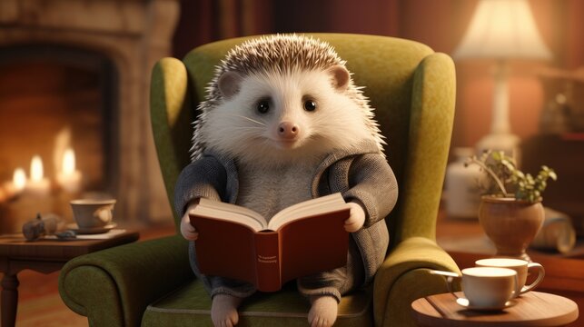 A hedgehog sitting in a chair and reading his own adventure book