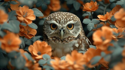 an owl is sitting in the middle of a bush with orange flowers in the foreground and a blue sky in the background.