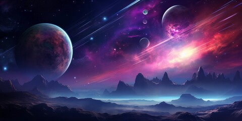 Alien planet fantasy landscape space background. Sci-fi horizontal poster. Science fiction digital...