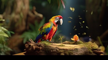 A parrot sitting on a stump and participating in a scientific experiment about animal intelligence