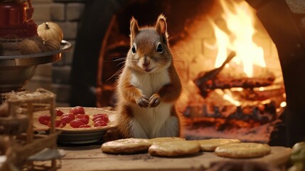 A squirrel baking pies and preparing dinner for his friends - obrazy, fototapety, plakaty